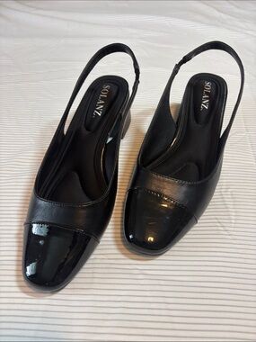 Solanz Black Patent Cap-Toe Slingback Mules